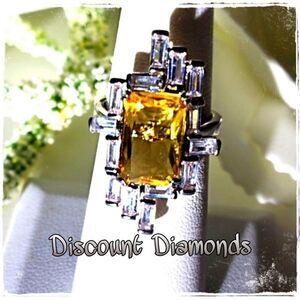 Canary Yellow  Emerald Cut 8.75 Ct. Sapphire Ring Clear White Baguette Sapphire